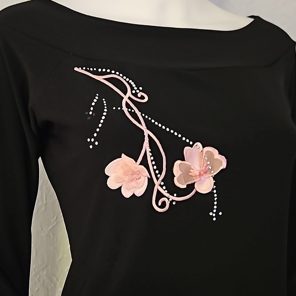 DRESSBARN Coquette Black Pink Floral Long Sleeve Boat Neck Blouse - Picture 4 of 7
